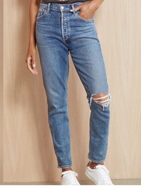 AGOLDE Nico High Rise Slim Straight Jean Distressed Knee Medium Wash Size 28